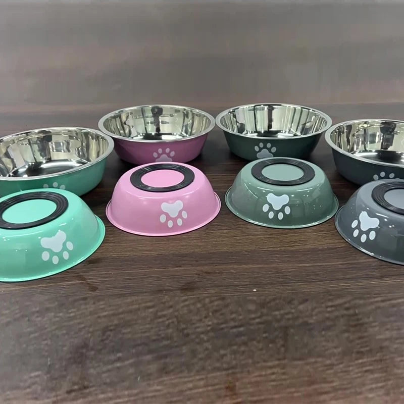 Stainless Steel Dog Bowl With Paw Print Non Slip Design