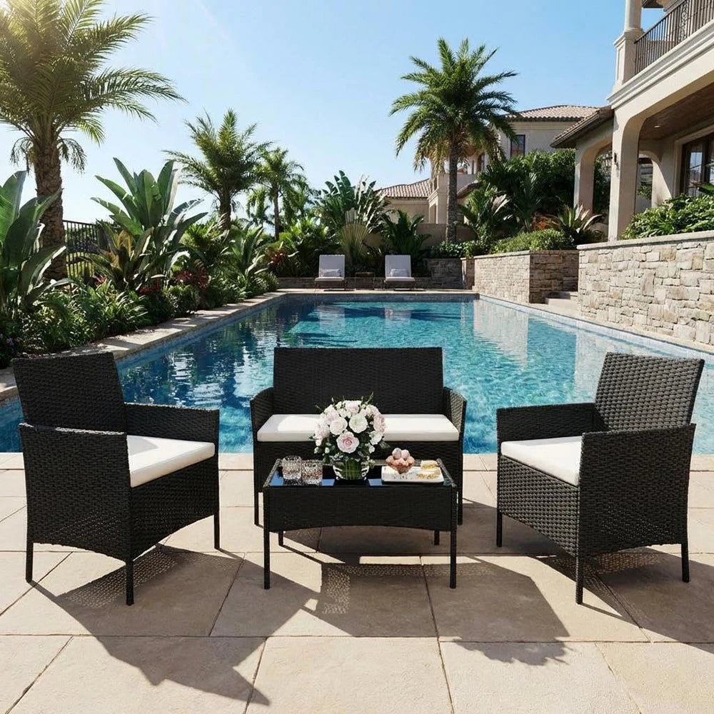 HiMISS PE Rattan Patio Set With Glass Table And Cushions