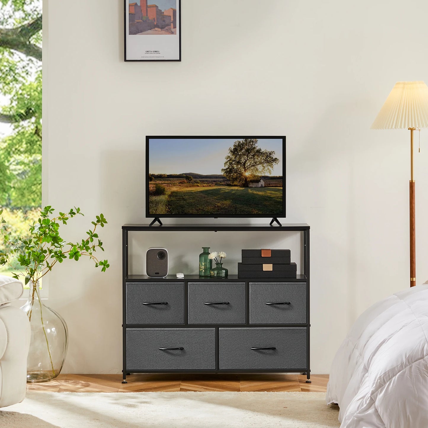 JHK Shoe Cabinet Dresser With 5 Fabric Drawers TV Stand