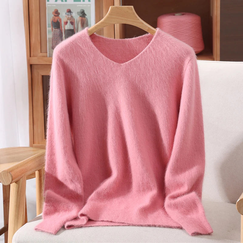Mink Cashmere Women's V-Neck Knit Pullover Sweater