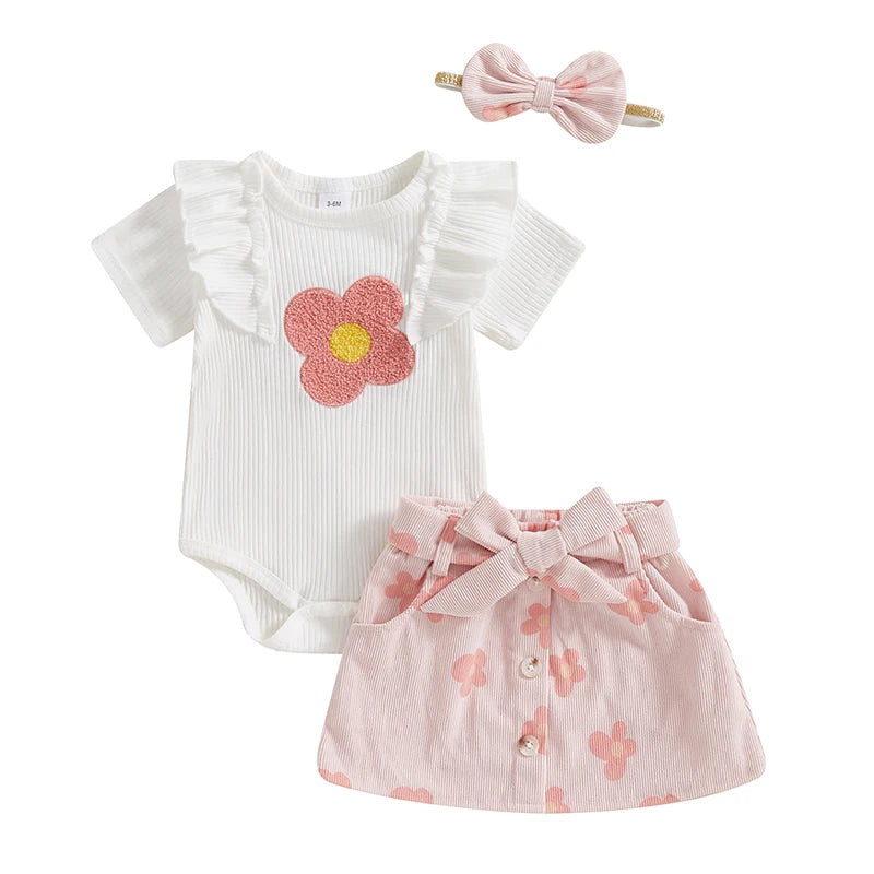 Adorable Baby Girl Floral Print Romper With Skirt and Headband