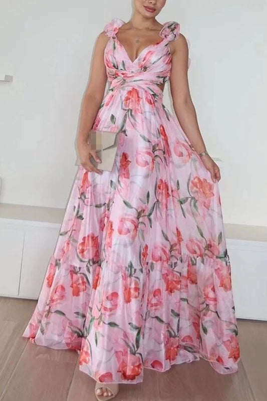 Others Floral Print V Neck Sleeveless Maxi Dress Women Summer