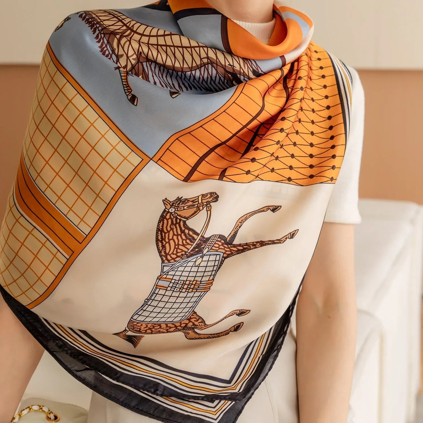 Horse Print Square Scarf For Women Polyester Windproof Head Wrap