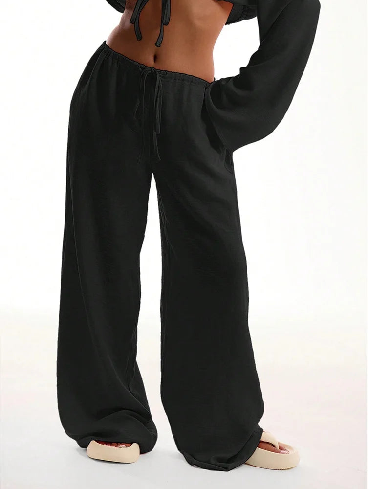 THTRUME CN Cotton Linen Baggy Pants High Waist Drawstring Women
