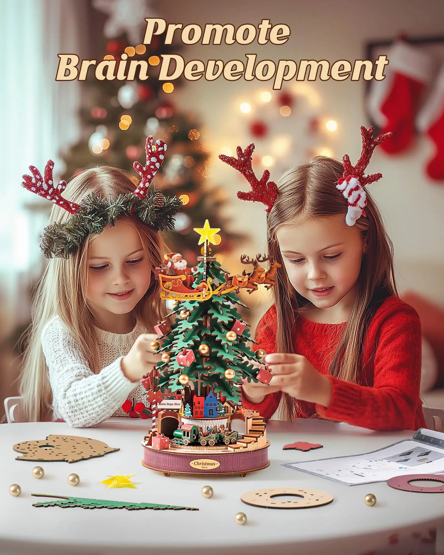 Robotime Rolife Christmas Melody Tree Music Boxes 3D Wooden Puzzle with Light Perfect Gifts for Family  Easy Assemble Toys