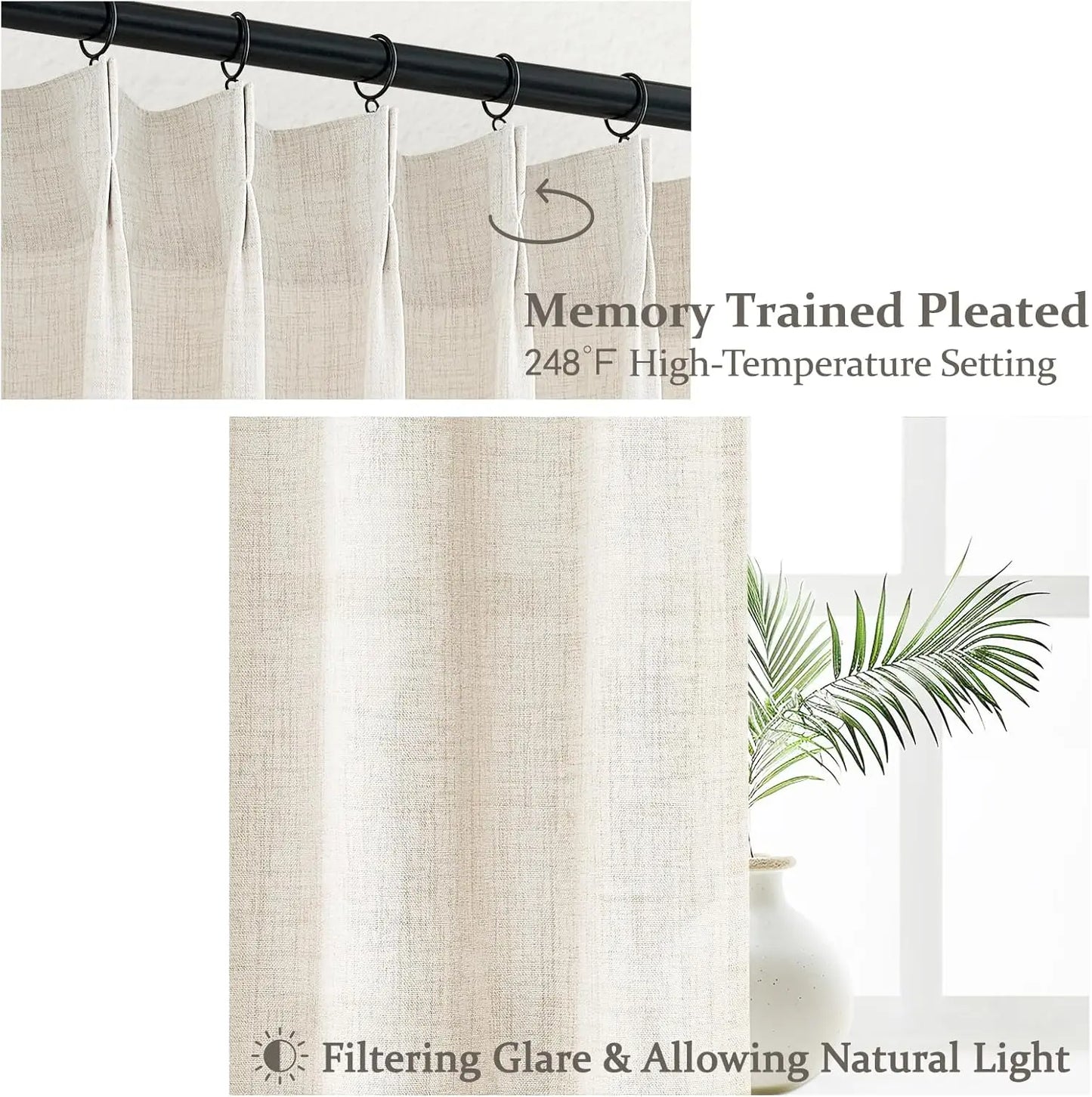 Pinch Pleated Linen Curtains Light Filtering Boho Drape Living Room
