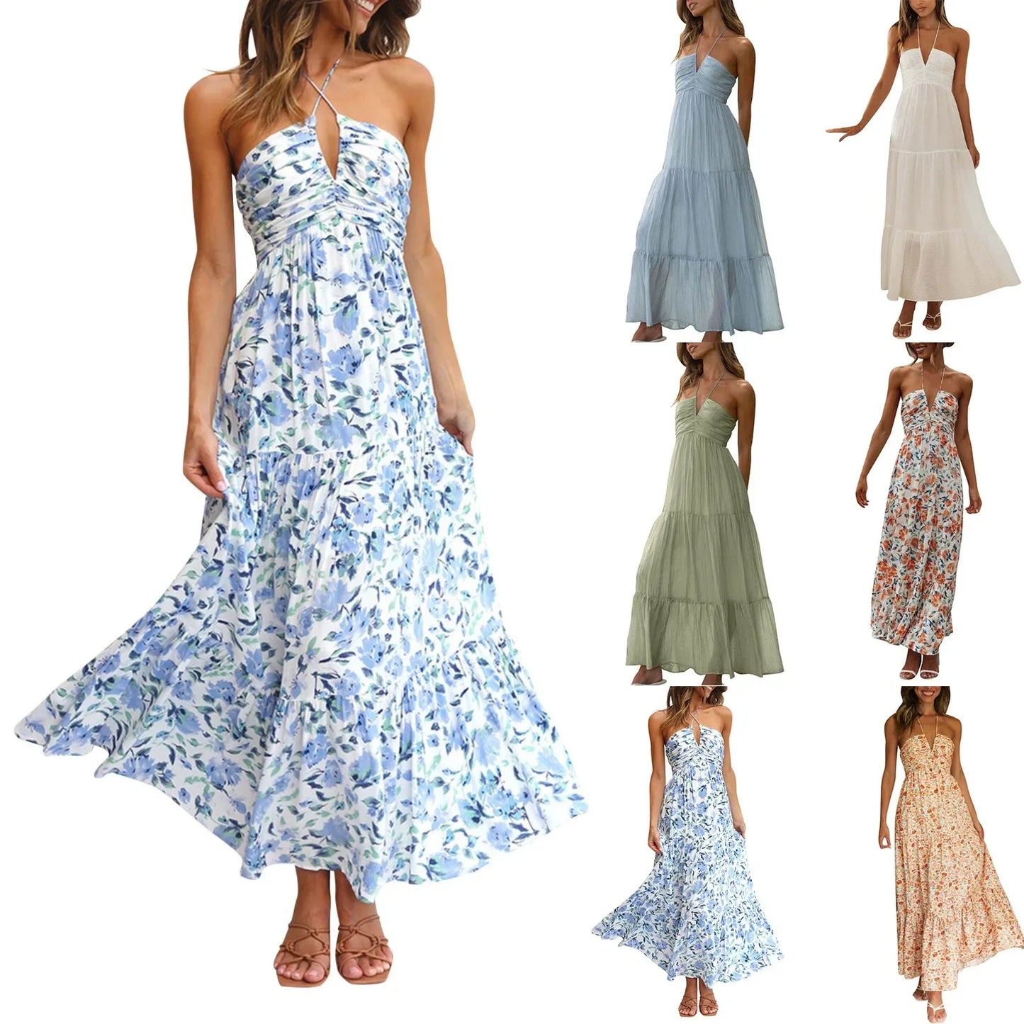 Summer Holiday Maxi Dress Women Spaghetti Strap V Neck