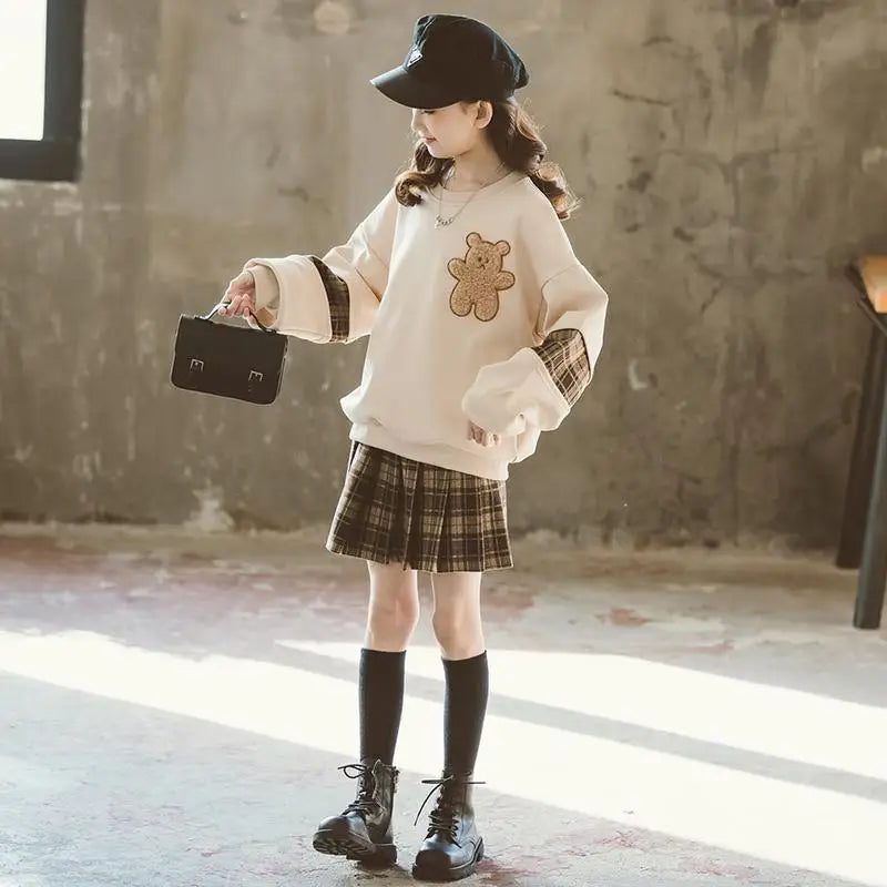 Girls Hooded Bear Sweatshirt And Plaid Pleated Skirt Set