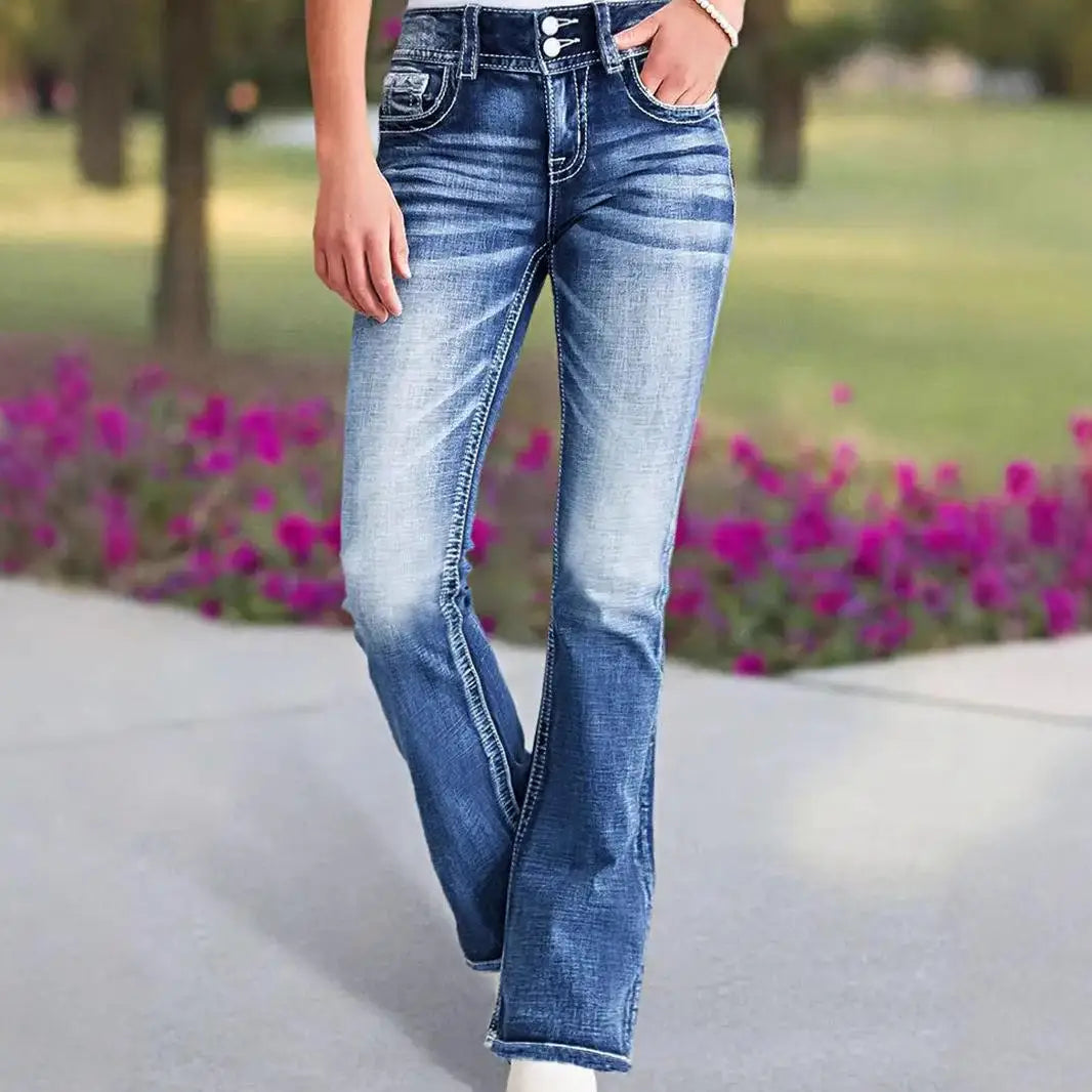 Women's High Waist Embroidered Flared Slimming Cotton Jeans
