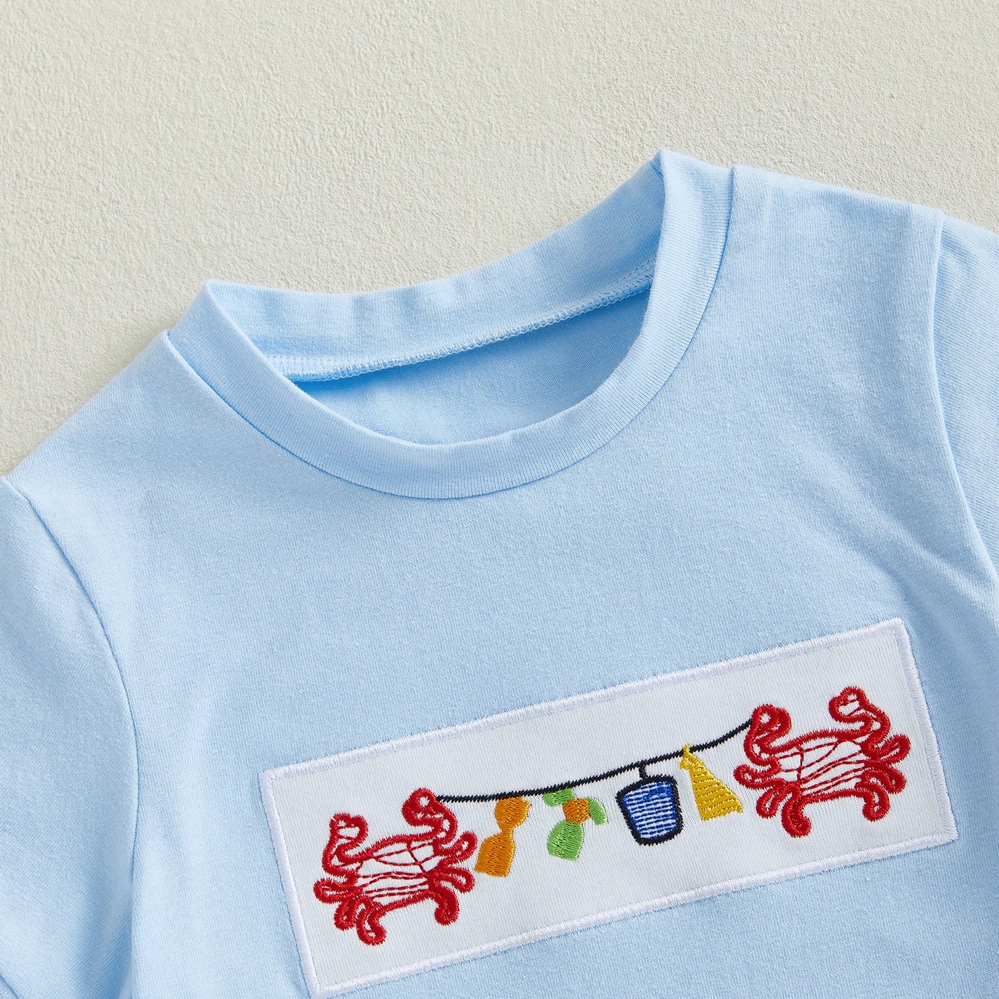 Toddler Boy Summer Outfit Set Embroidered Crab Lobster Plaid Shorts
