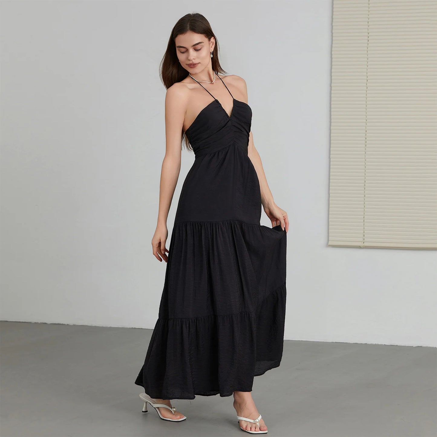 ThefoundCN Women A Line Halter Neck Backless Sleeveless Dress Tie Up Beach