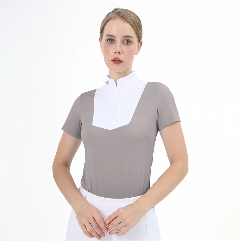 M LOGO Equestrian t-Shirts Short Sleeve Tops Horse Riding Clothing Women Button Training Rider Blouse Competition Show Top