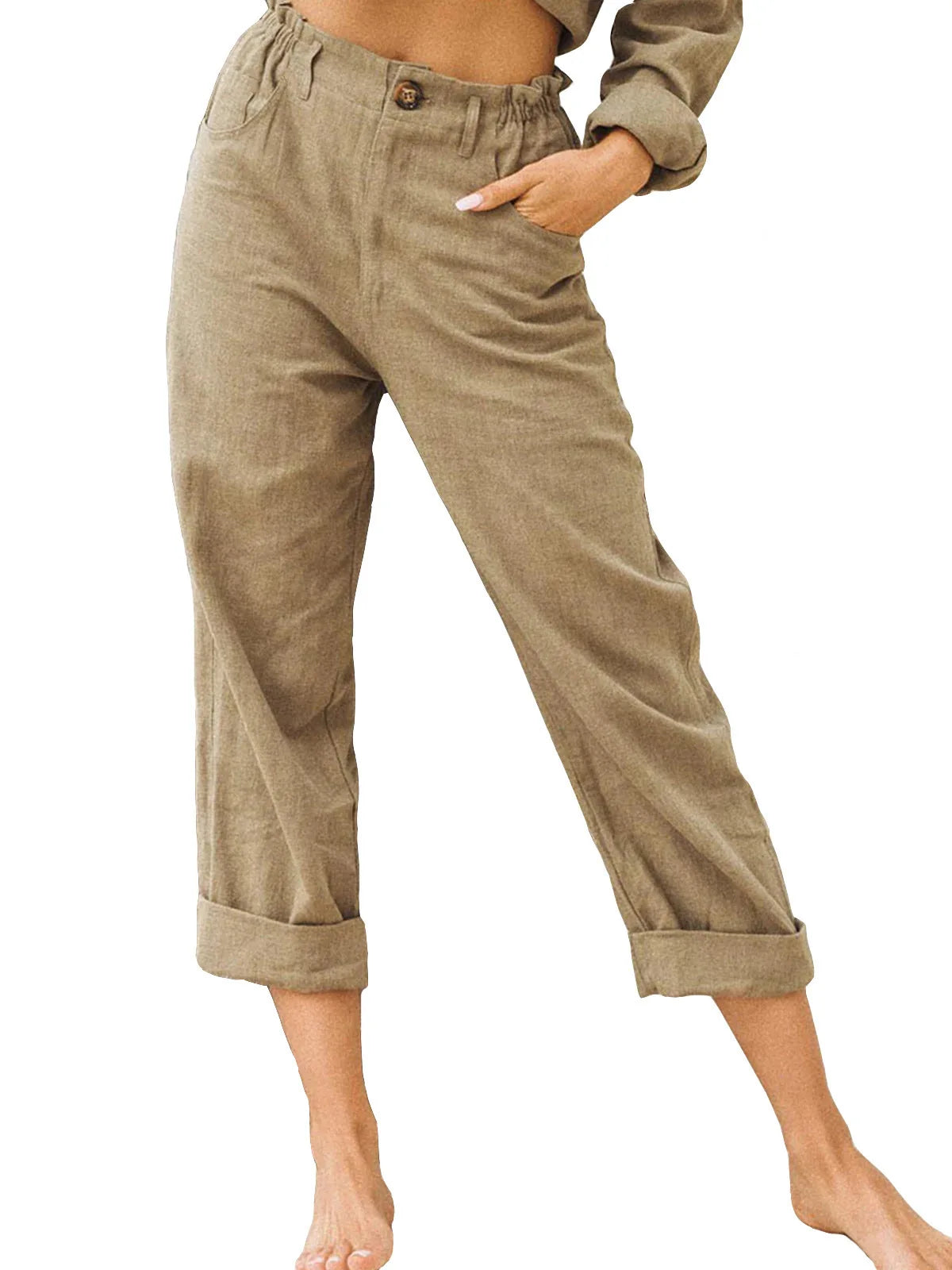 Guangdong Choice Cotton Linen Cropped Pants For Women, Casual Straight