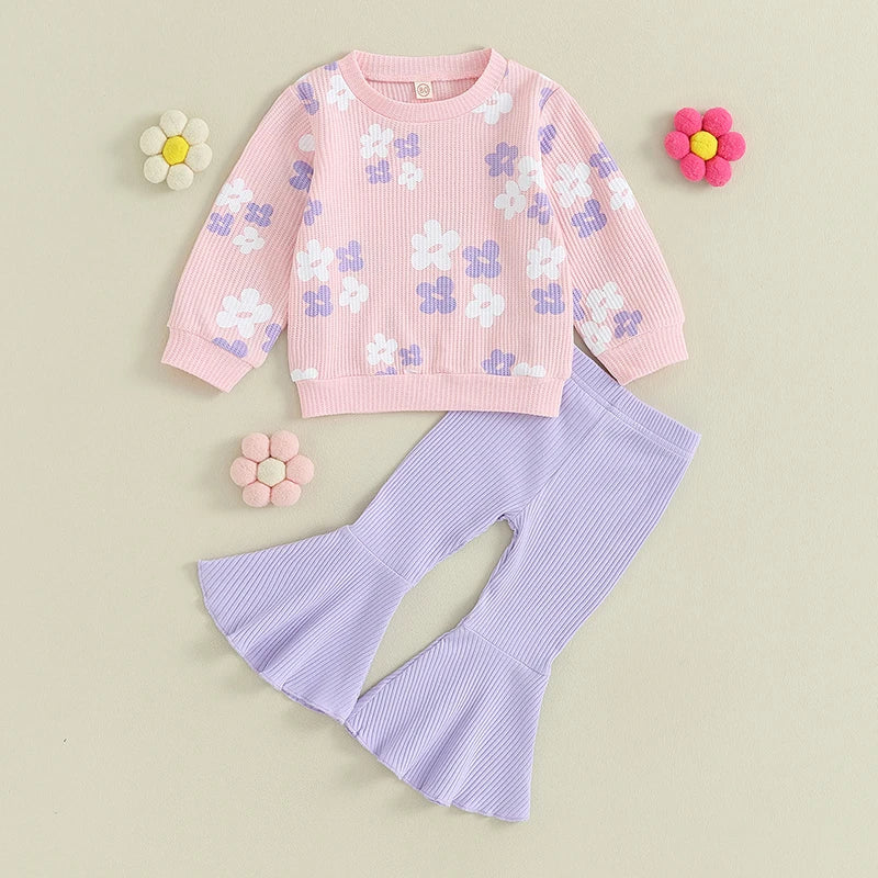 Lioraitiin Floral Print Baby Girl Set Long Sleeve Top Pants