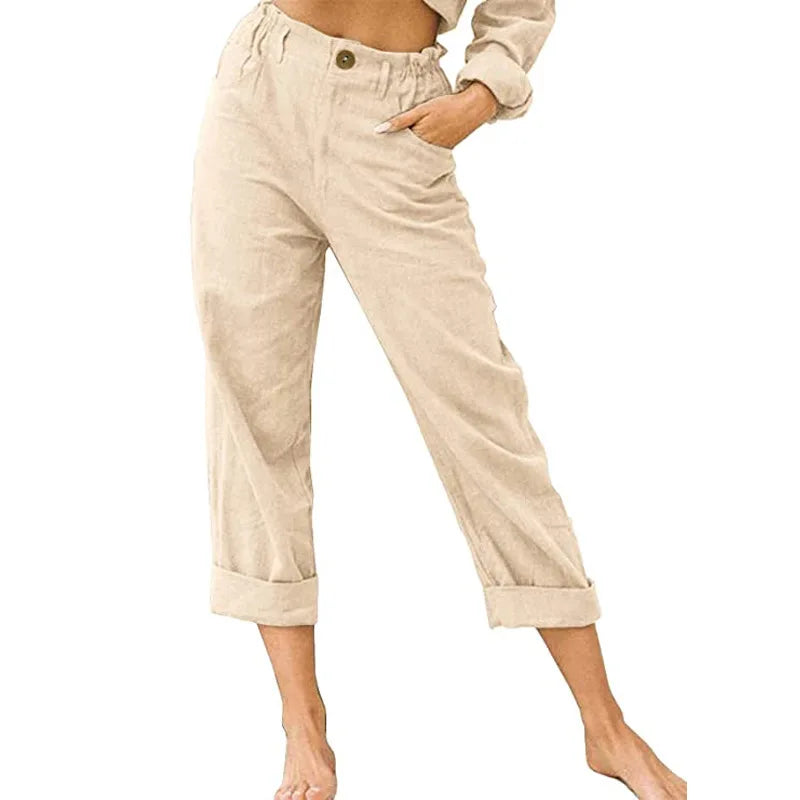 Guangdong Choice Cotton Linen Cropped Pants For Women, Casual Straight