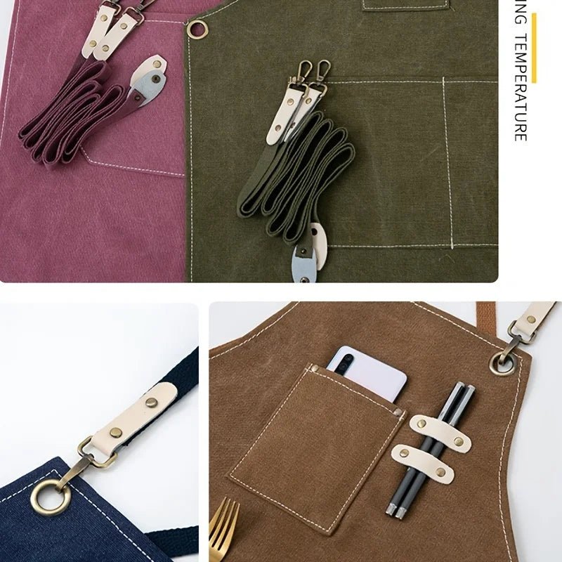 Thickened Waterproof Canvas Apron With Pockets Crossback Adjustable