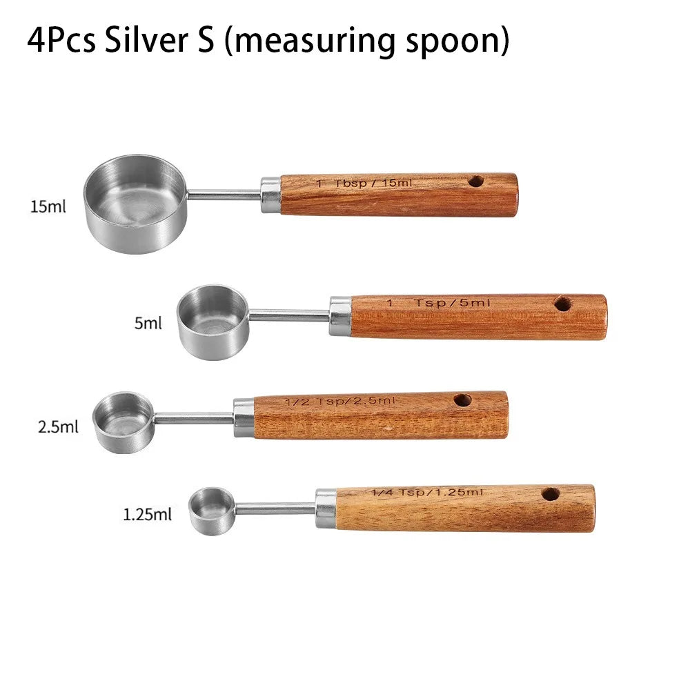 4Pcs Stainless Steel Measuring Cup Spoon Set With Wooden Handle