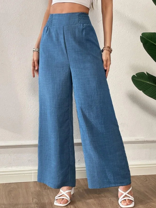 Womens Linen Blend High Waist Wide Leg Pants Smocked Waist