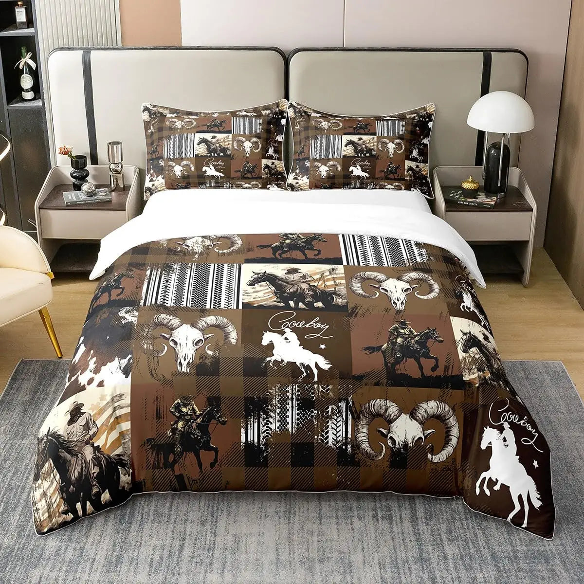 NONECN Western Cowboy Print Duvet Cover Set Bedding