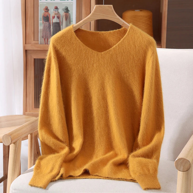 Mink Cashmere Women's V-Neck Knit Pullover Sweater