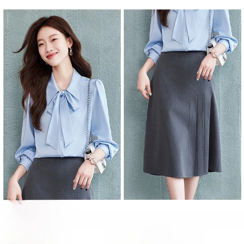 Others Blue Bow Tie Shirt Skirt Set For Professional Commuter And Interview