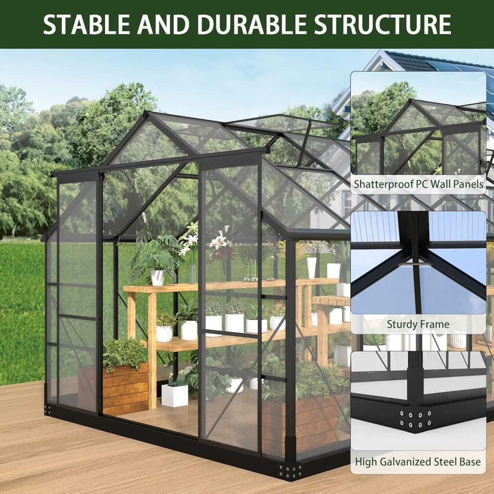 Polycarbonate Greenhouse With Four Adjustable Roof Vents And Walk In Aluminum Frame