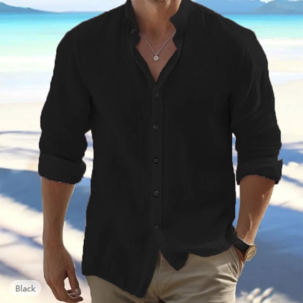 FURCW Cotton Linen Men's Sailor Collar Shirt Summer Beach Style