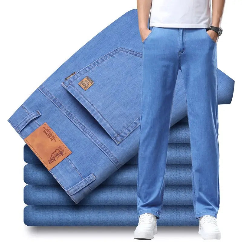 Lyocell Summer Men Jeans Breathable Slim Straight Denim Trousers