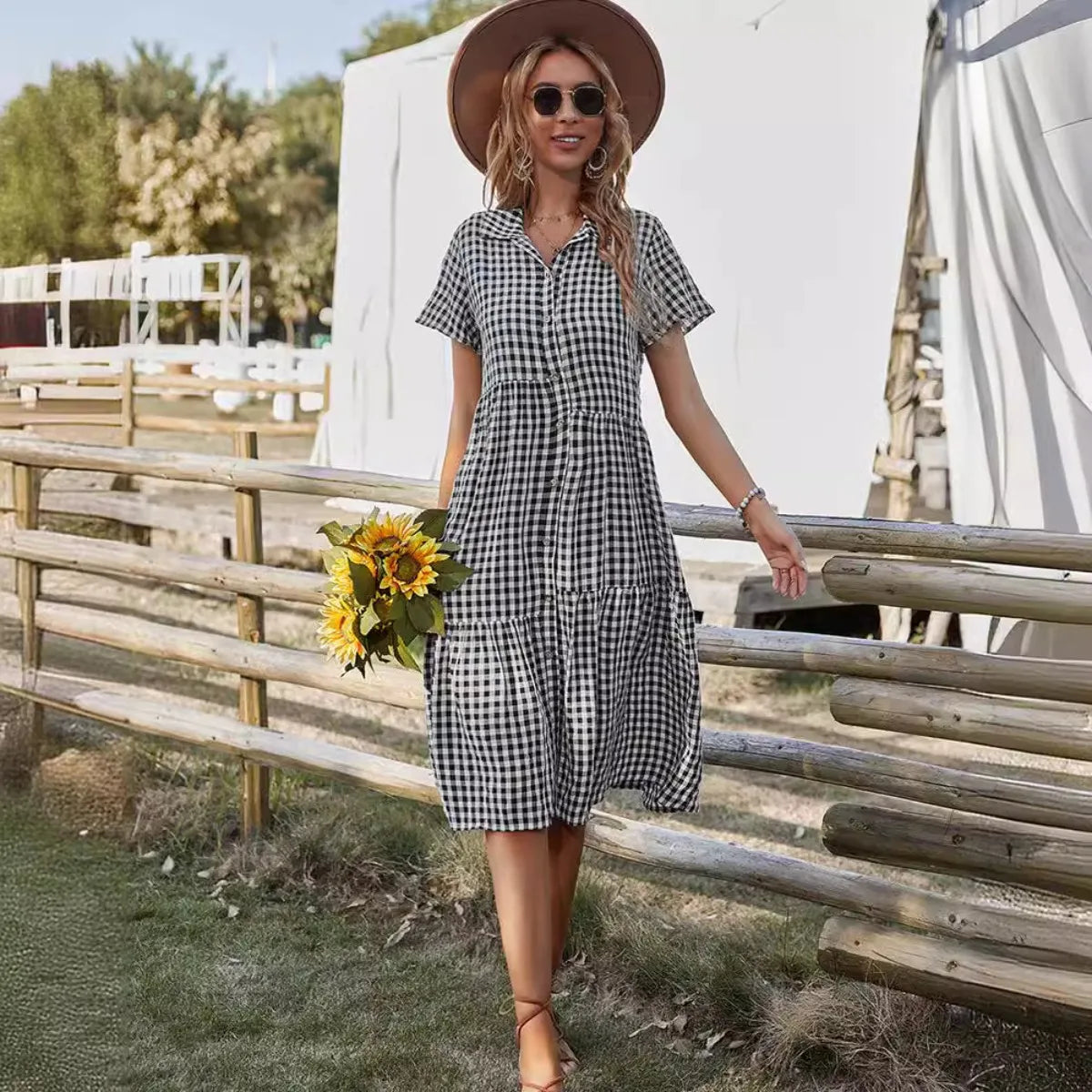 Cakulo Womens Checkered Shirtdress Short Sleeve Button Down Casual