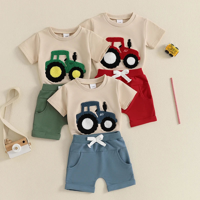 Lioraitiin Toddler Boys Summer Outfit Truck Embroidered Set