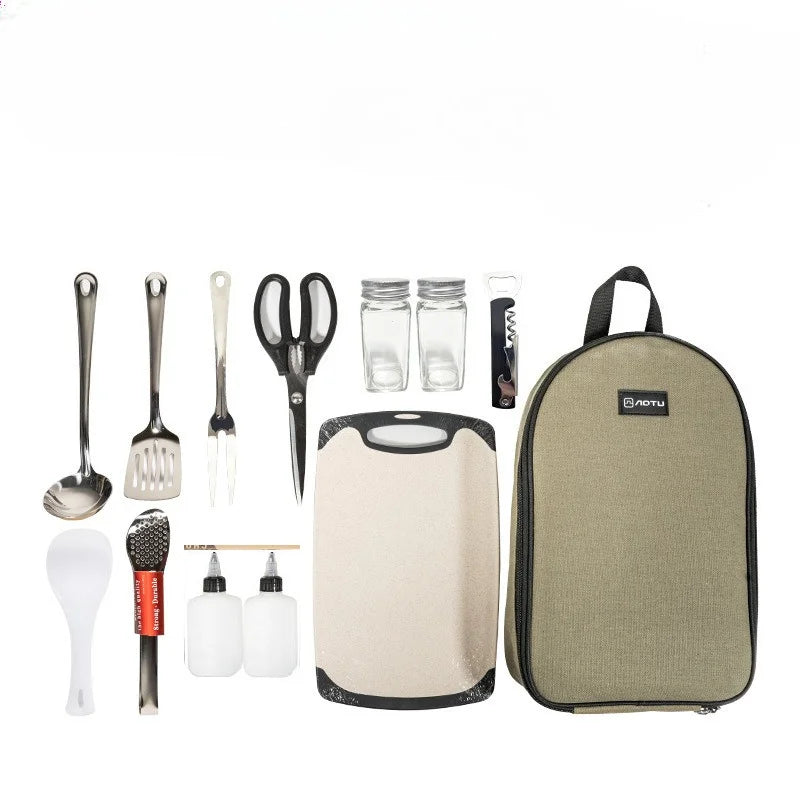 Outdoor Camping Kitchen Utensils 12 Piece Stainless Steel Tool Set With Bag