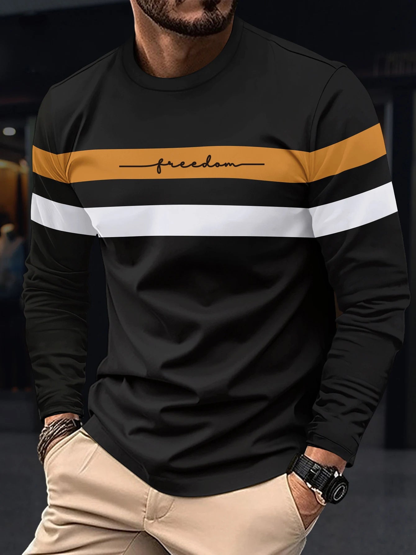 Autumn Mens Oversized Crew Neck Long Sleeve Stripe T Shirt