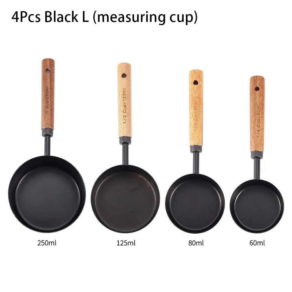 4Pcs Stainless Steel Measuring Cup Spoon Set With Wooden Handle