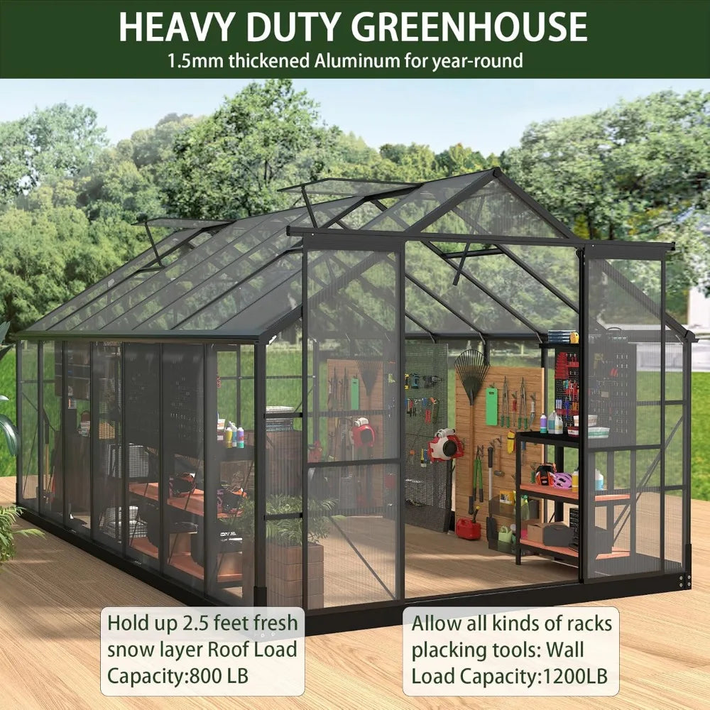 Polycarbonate Greenhouse With Four Adjustable Roof Vents And Walk In Aluminum Frame