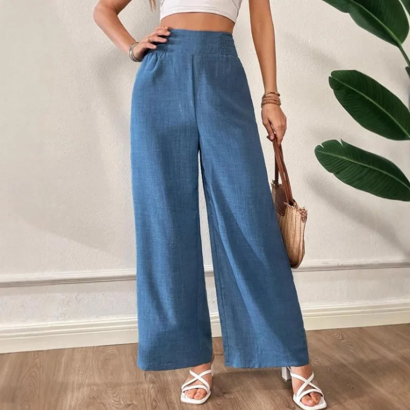 Womens Linen Blend High Waist Wide Leg Pants Smocked Waist