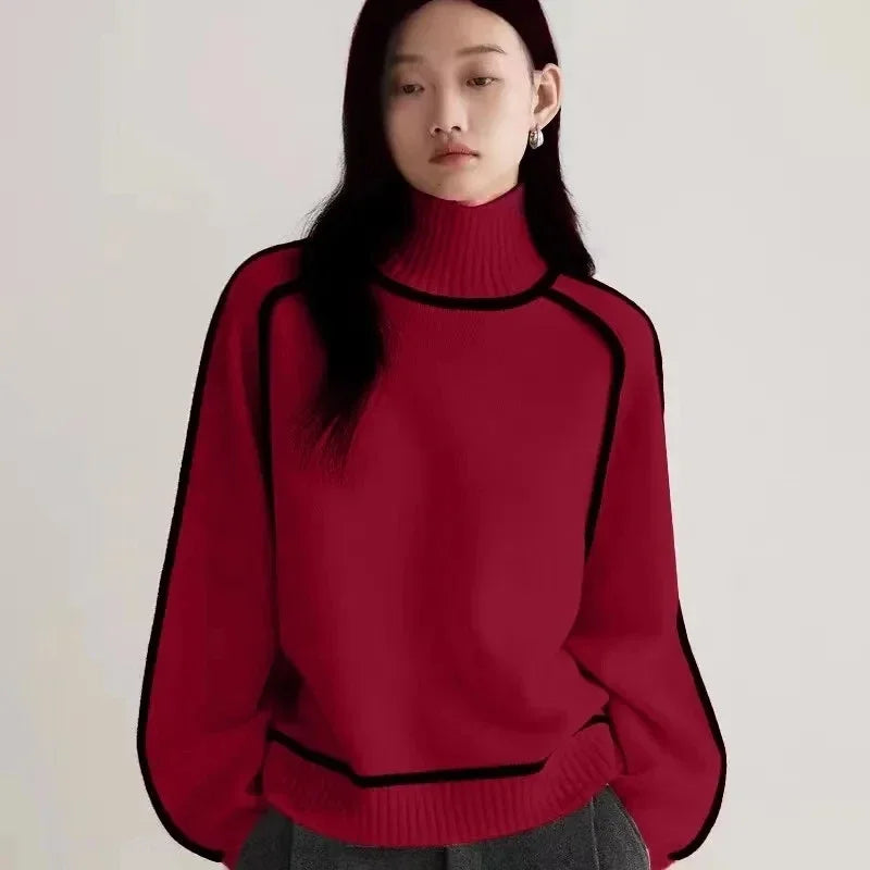 VWBQNZ Womens Turtleneck Knitted Sweater Autumn Winter Patchwork Pullover