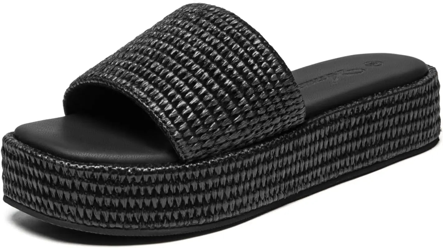 NONECN Women's Platform Raffia Sandals Open Toe Slip On Slides
