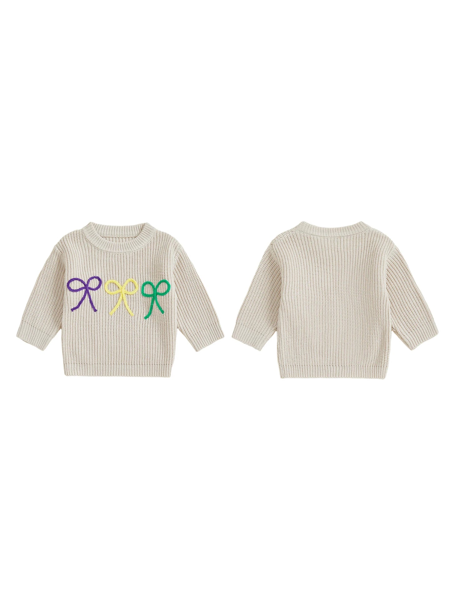 Mardi Gras Toddler Girl Sweater With Embroidered Bow Detail