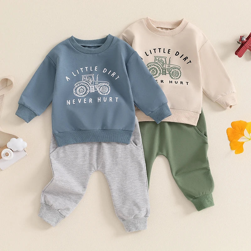 Lioraitiin Baby Boy Tractor Print Long Sleeve Top Pants Set