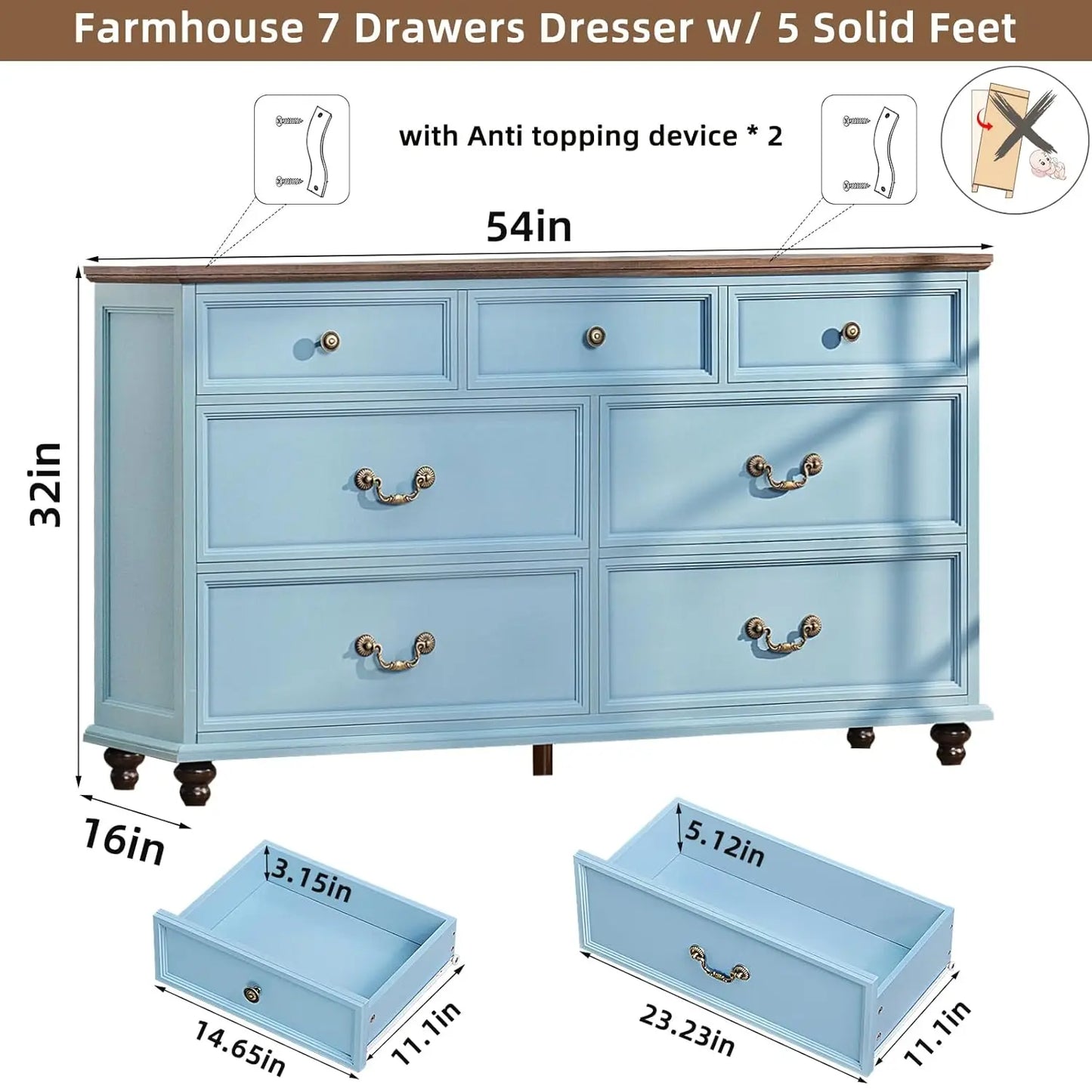 Farmhouse 54" 7 Drawers Dresser for Bedroom, Wide Wood Chest of Drawers w/ 4 Wooden Legs, Vintage Large Storage, Customized