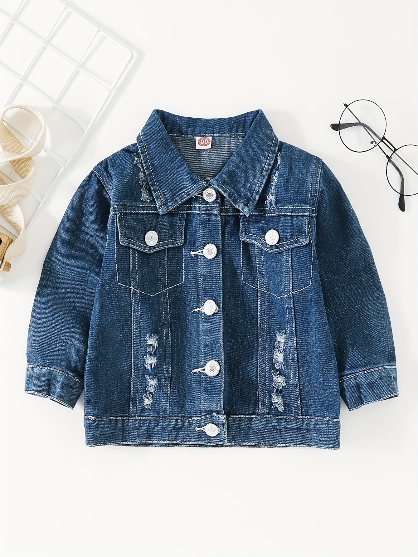 Girls Teddy Bear Face Print Denim Jacket With Snap Closure